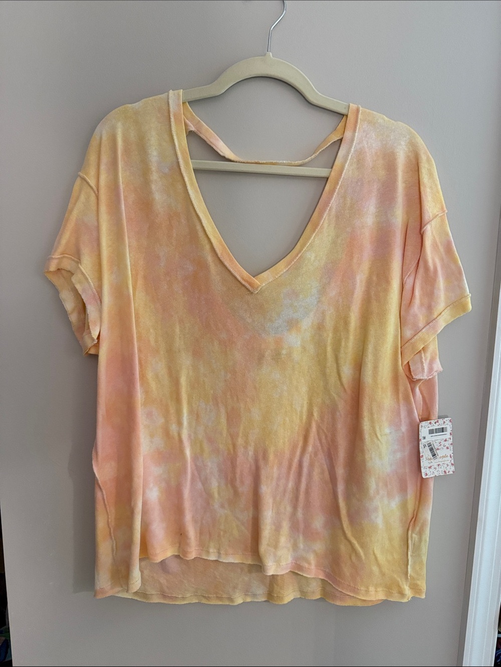 Free People Peach & Yellow Tie-Dye V-Neck Short Sleeve Top